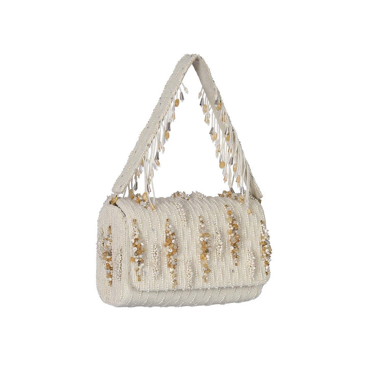 Lovetobag Nora Flapover Clutch Pristine Ivory Peerless Gold Lustrous Silver with Handle