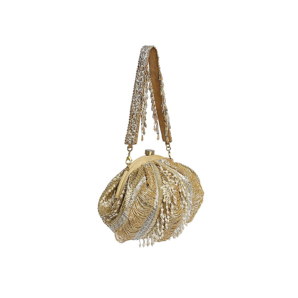 Lovetobag Ruche Soft Pouch Peerless Gold Lustrous Silver with Handle