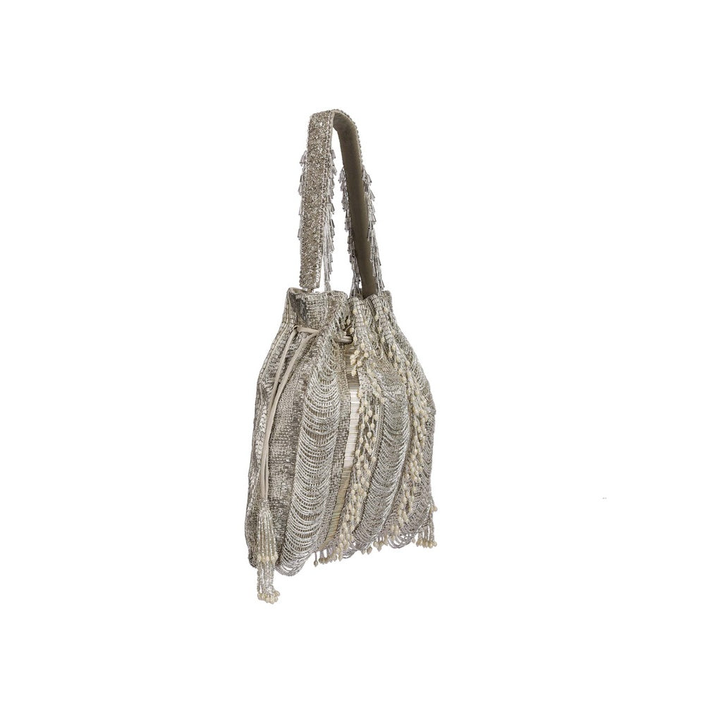 Lovetobag Ruche Potli Lustrous Silver with Handle