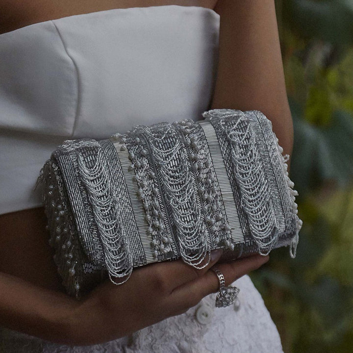 Lovetobag Ruche Flapover Clutch Lustrous Silver with Handle