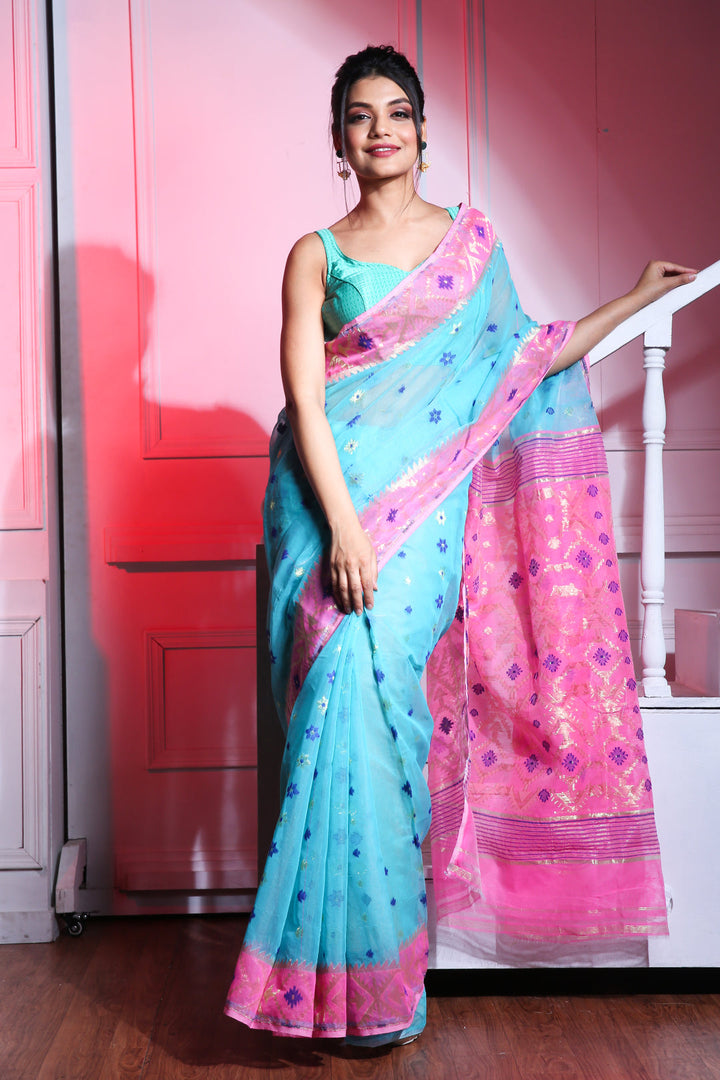 CHARUKRITI Sky Blue Silk Cotton Handwoven Jamdani Saree with Zari Aanchal without Blouse