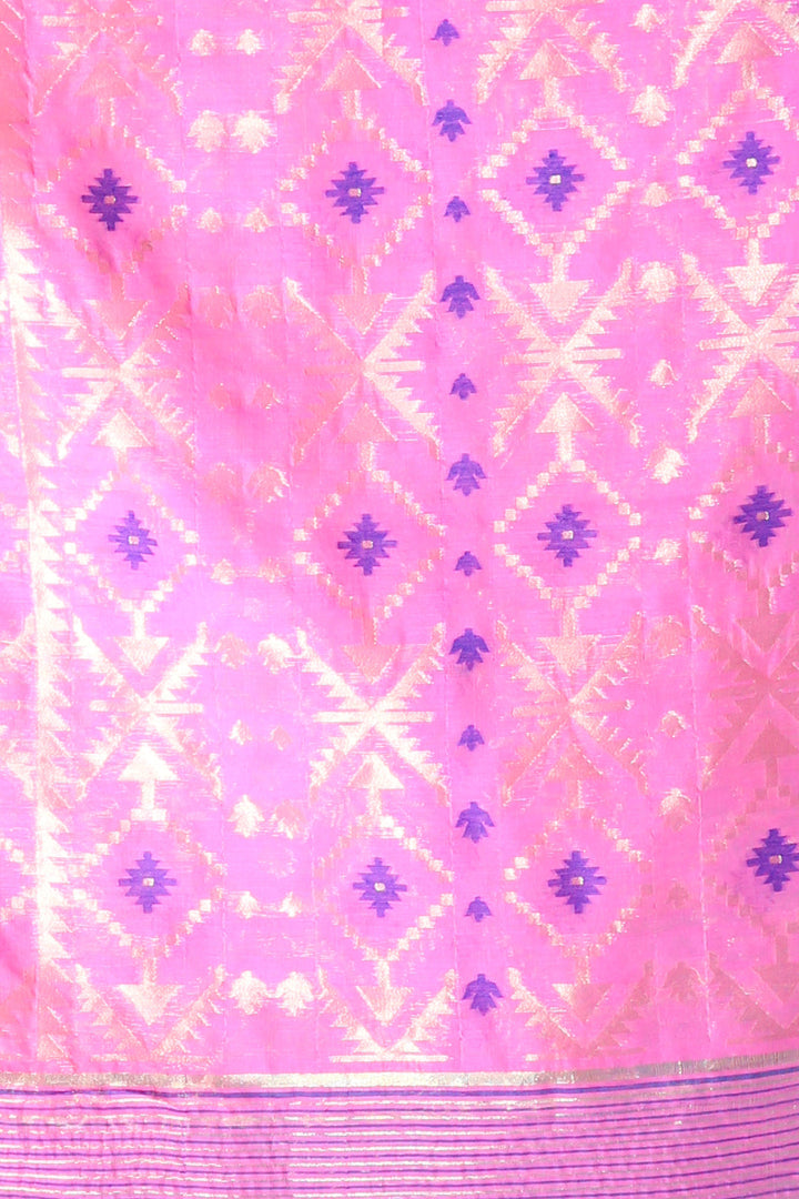CHARUKRITI Sky Blue Silk Cotton Handwoven Jamdani Saree with Zari Aanchal without Blouse
