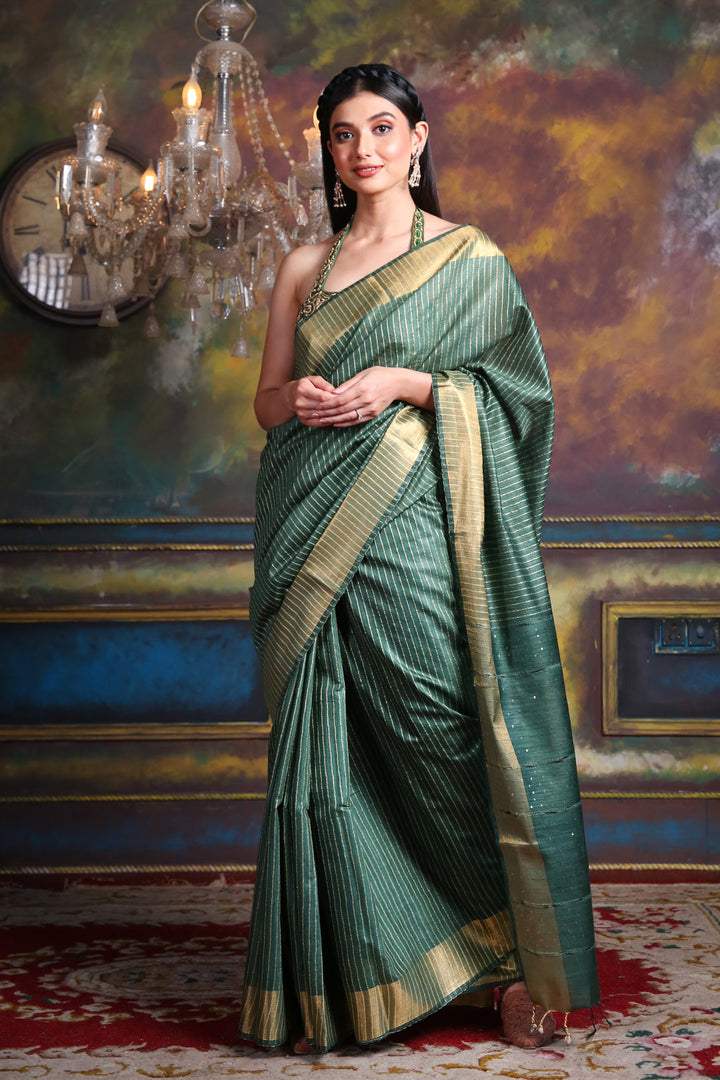 CHARUKRITI Blended Silk Green Soft Saree with Zari Border and Unstitched Blouse