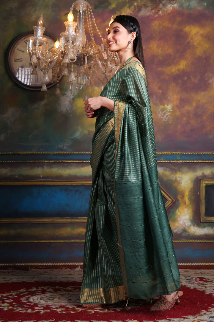 CHARUKRITI Blended Silk Green Soft Saree with Zari Border and Unstitched Blouse