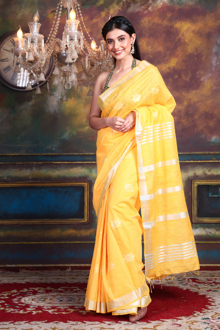 CHARUKRITI Blended Silk Yellow Soft Saree with Geometric Motiff and Unstitched Blouse