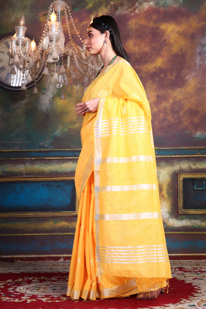 CHARUKRITI Blended Silk Yellow Soft Saree with Geometric Motiff and Unstitched Blouse