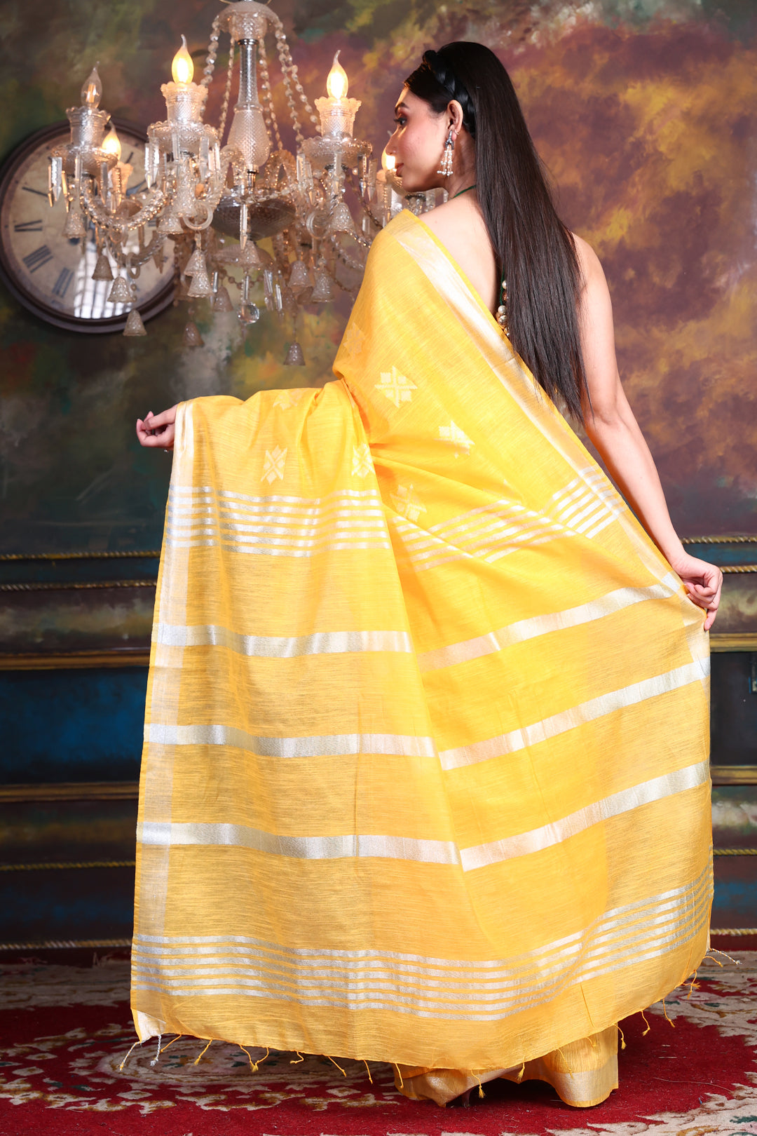 CHARUKRITI Blended Silk Yellow Soft Saree with Geometric Motiff and Unstitched Blouse