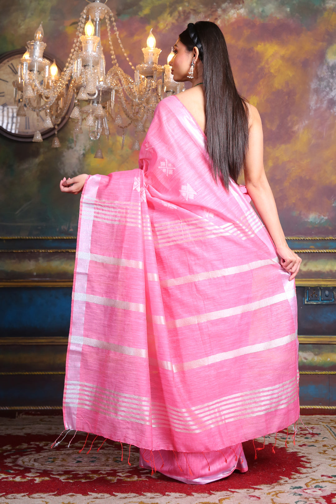 CHARUKRITI Blended Silk Pink Soft Saree with Geometric Motiff and Unstitched Blouse