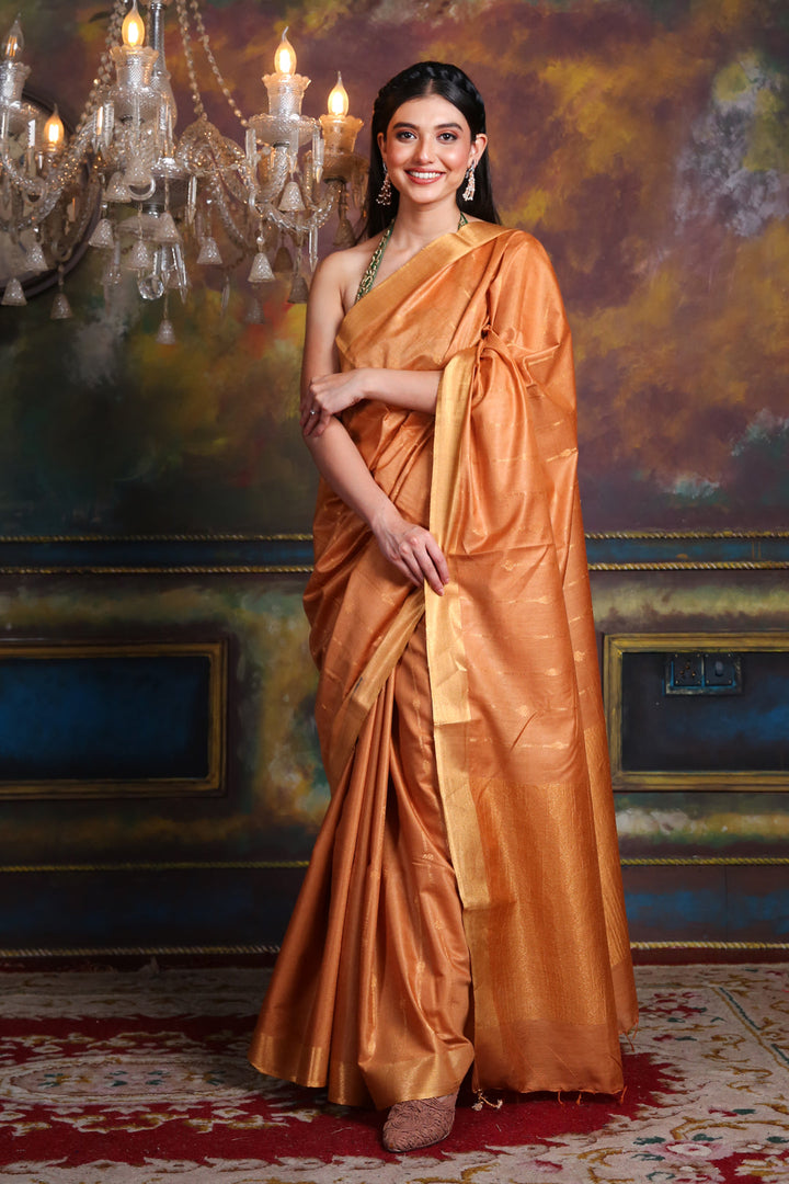 CHARUKRITI Rust Blended Silk Soft Saree with Woven Design and Unstitched Blouse