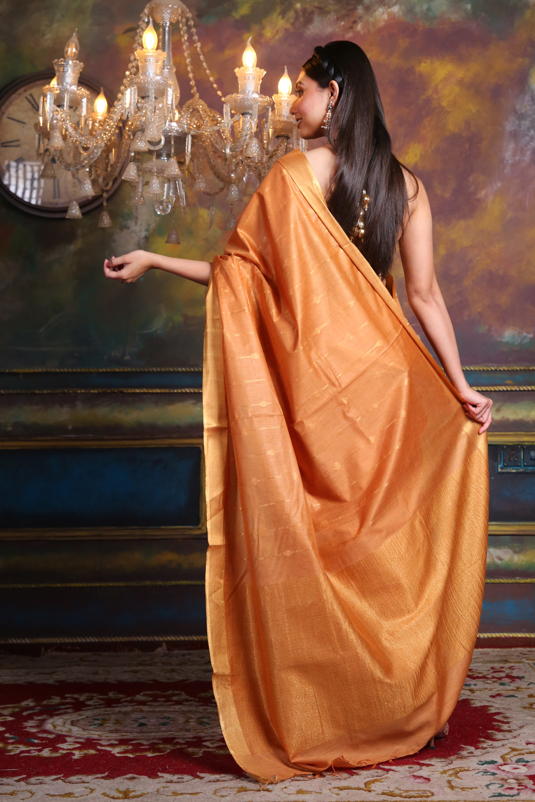 CHARUKRITI Rust Blended Silk Soft Saree with Woven Design and Unstitched Blouse