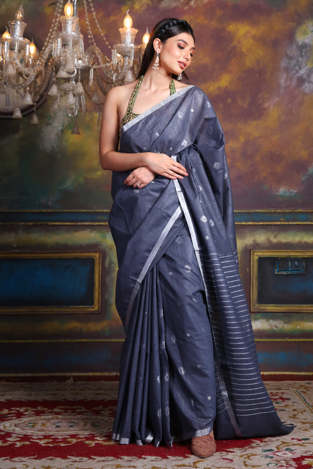 CHARUKRITI Blue Blended Silk Soft Saree with Woven Design and Unstitched Blouse