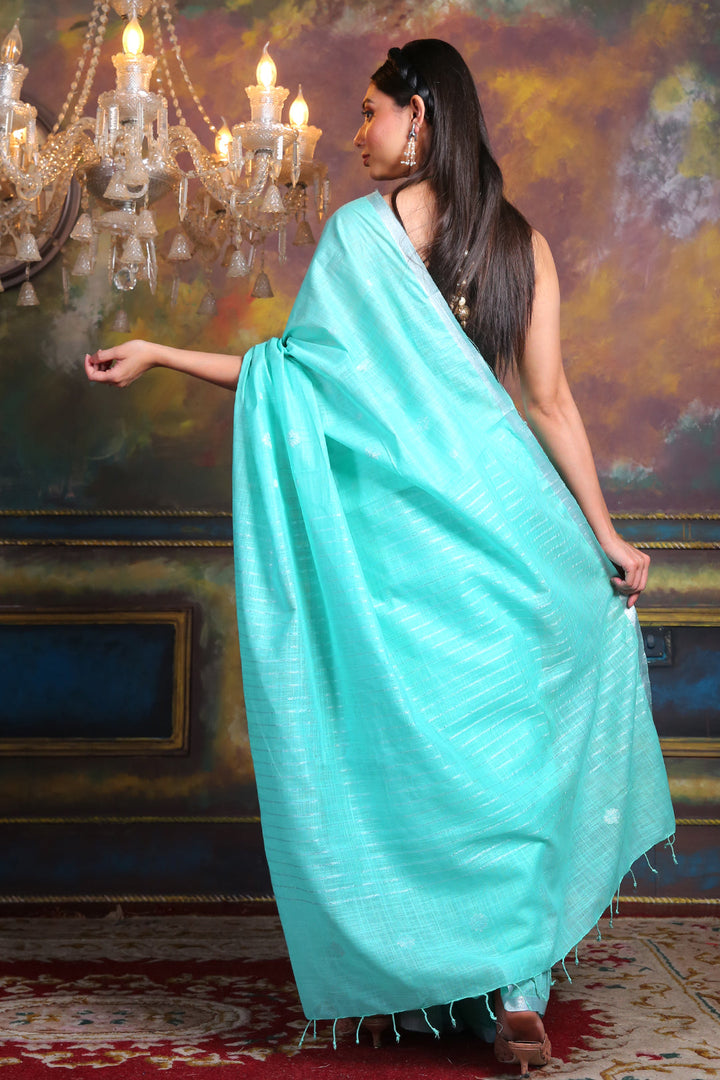 CHARUKRITI Blue Blended Silk Soft Saree with Woven Design and Unstitched Blouse