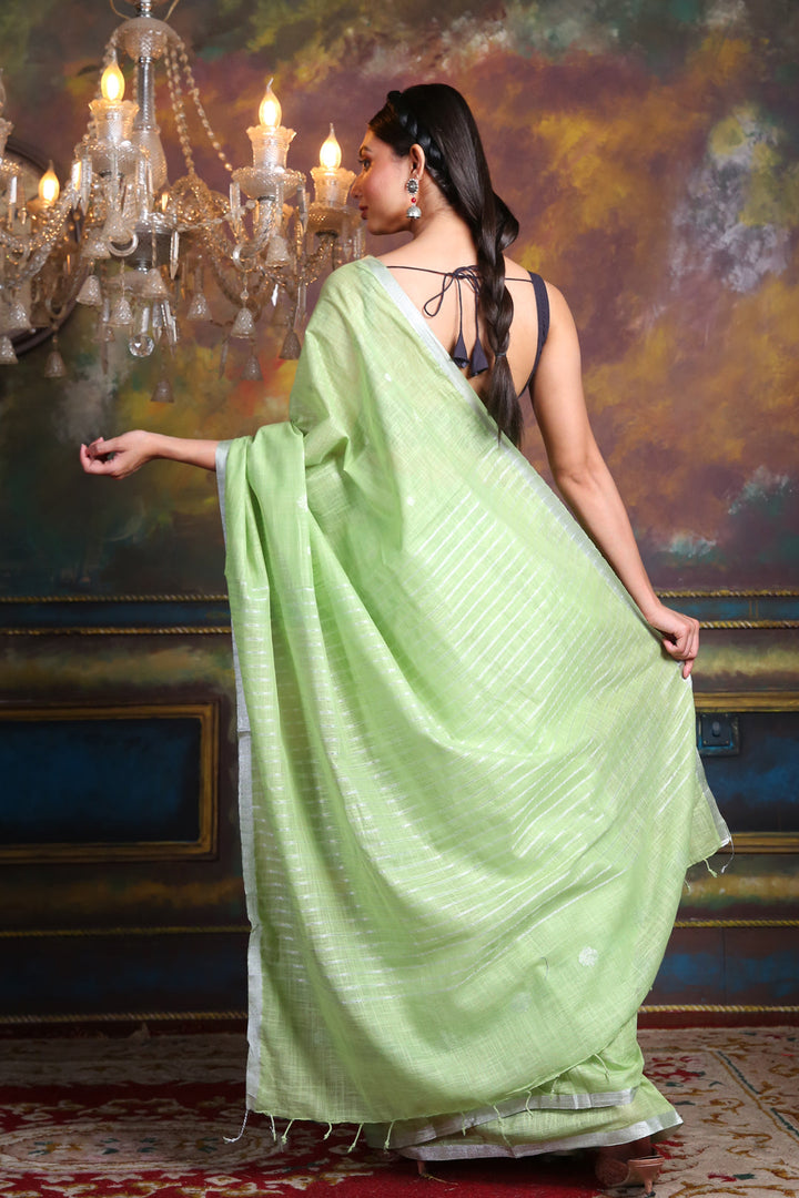 CHARUKRITI Green Blended Silk Soft Saree with Woven Design and Unstitched Blouse