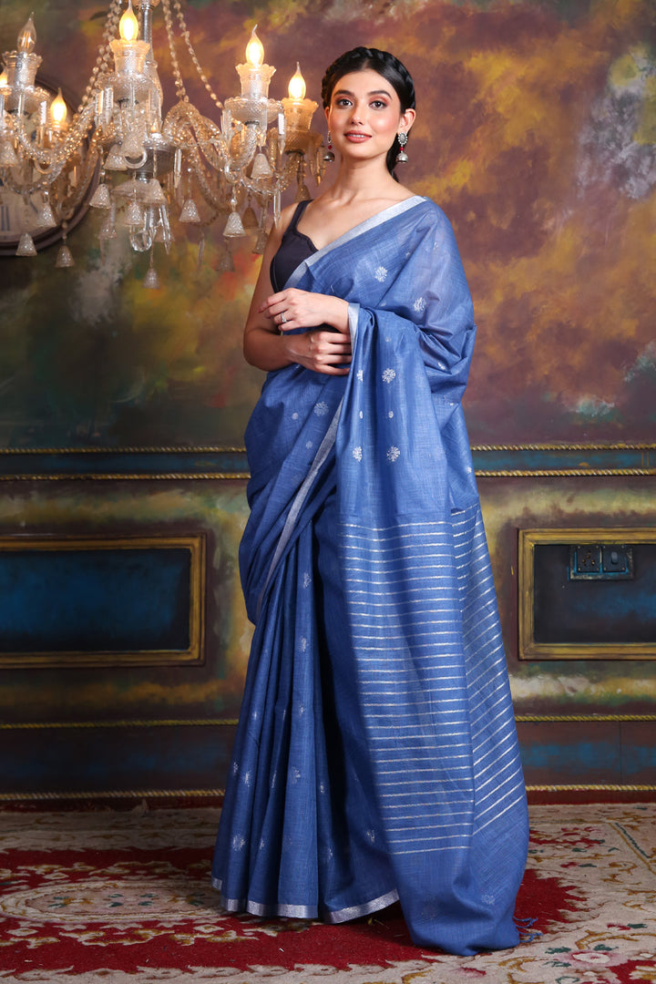 CHARUKRITI Blue Blended Silk Soft Saree with Woven Design and Unstitched Blouse