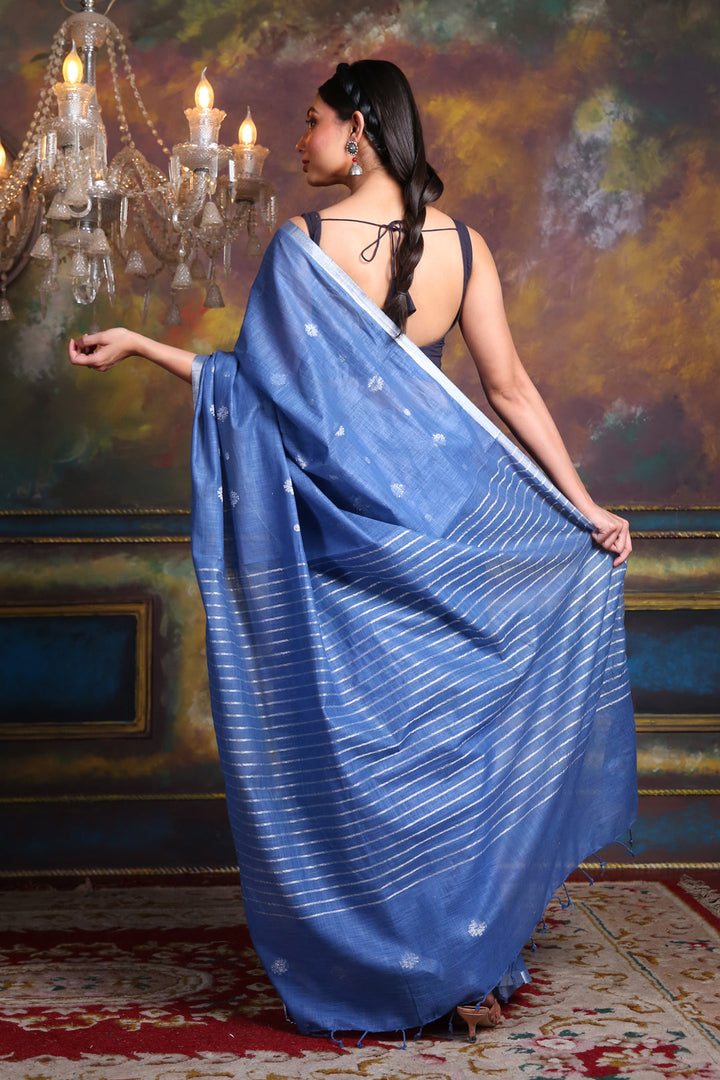 CHARUKRITI Blue Blended Silk Soft Saree with Woven Design and Unstitched Blouse