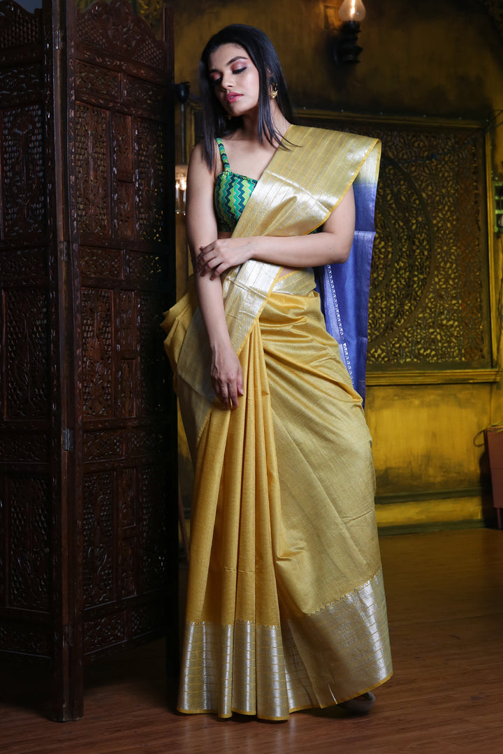 CHARUKRITI Light Yellow Blended Silk Saree with Temple Border and Unstitched Blouse