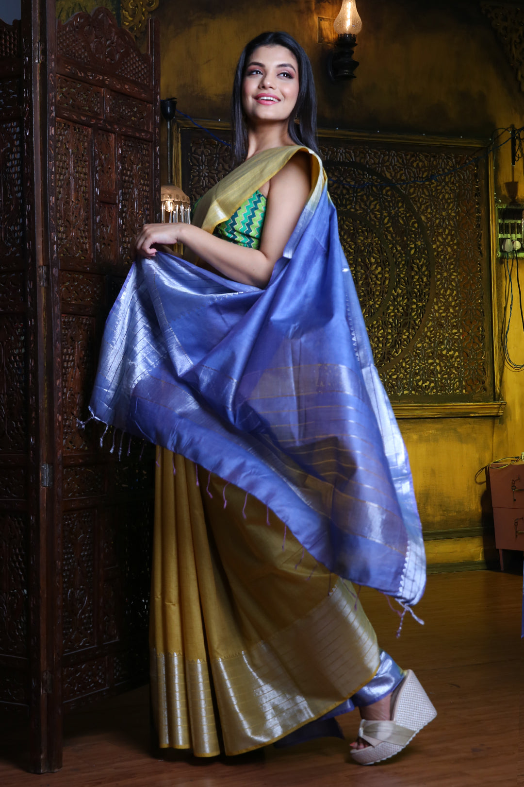 CHARUKRITI Light Yellow Blended Silk Saree with Temple Border and Unstitched Blouse