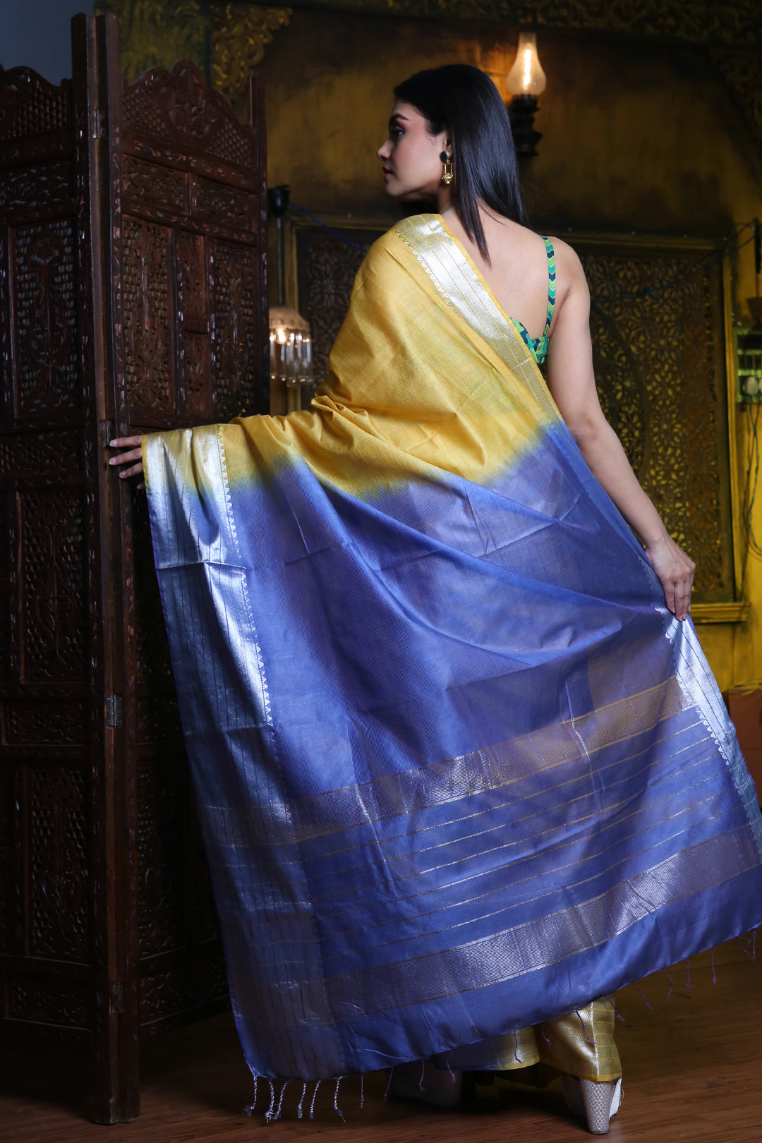 CHARUKRITI Light Yellow Blended Silk Saree with Temple Border and Unstitched Blouse