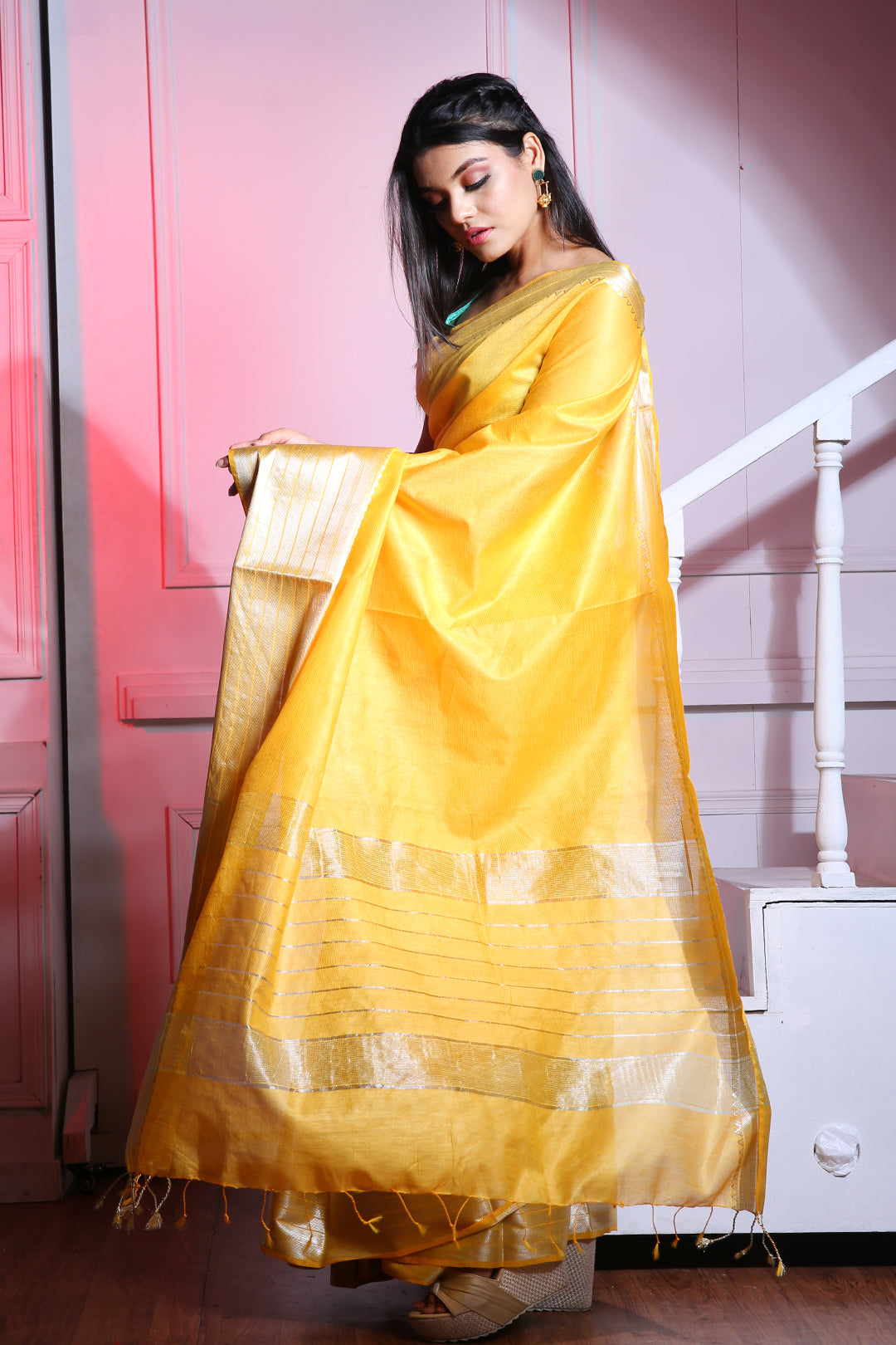 CHARUKRITI Yellow Blended Silk Saree with Temple Border and Unstitched Blouse