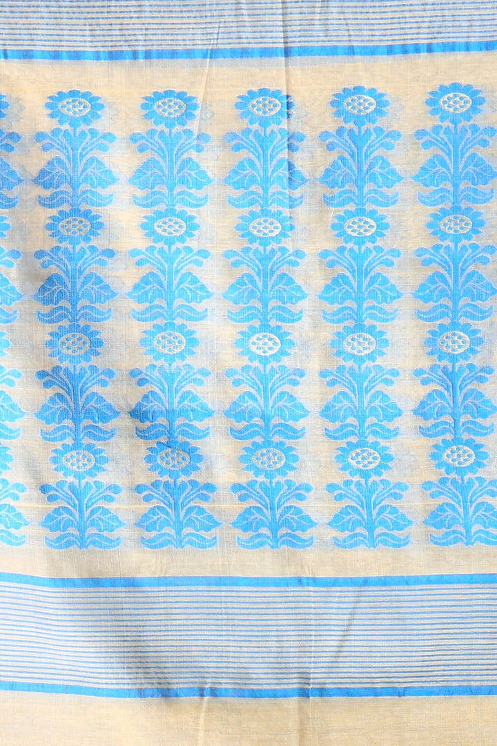 CHARUKRITI Beige Silk Cotton Handwoven Jamdani Saree with Temple Border without Blouse