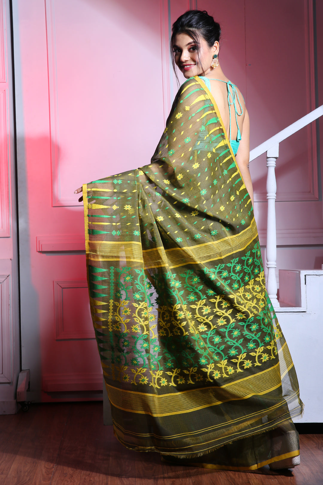 CHARUKRITI Deep Green Silk Cotton Handwoven Jamdani Saree with Temple Border without Blouse