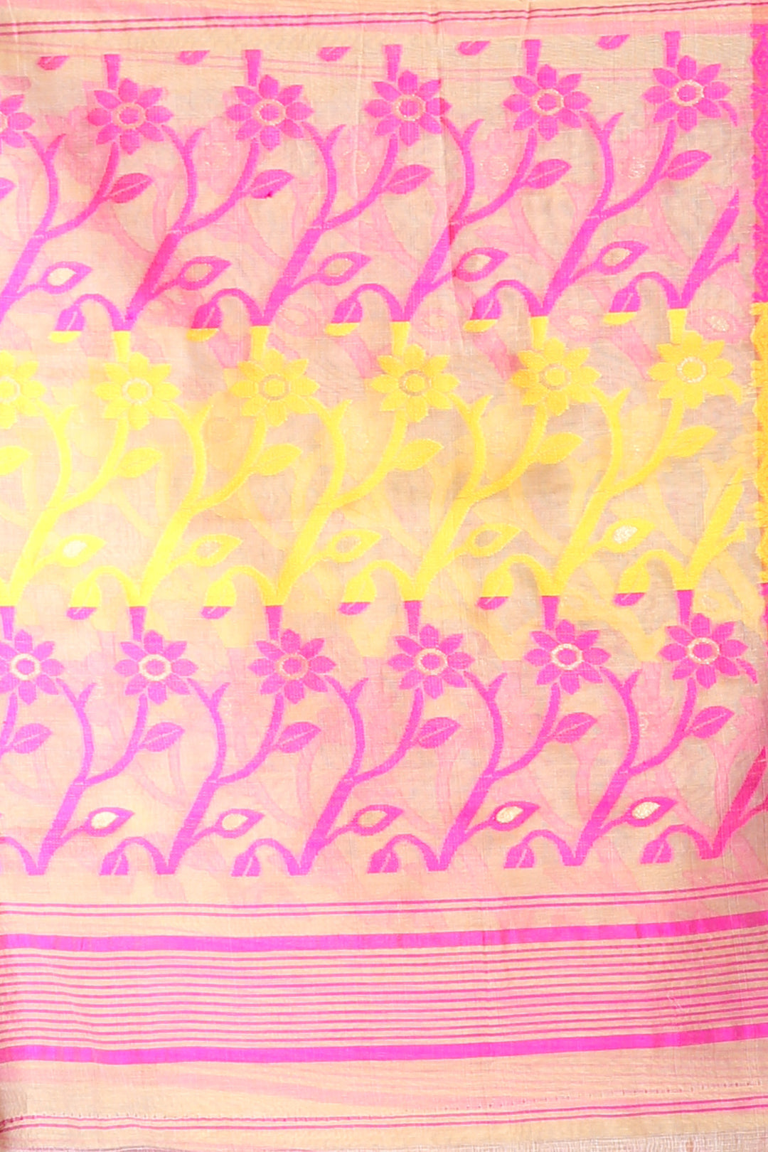 CHARUKRITI Mustard Silk Cotton Handwoven Jamdani Saree with Temple Border without Blouse