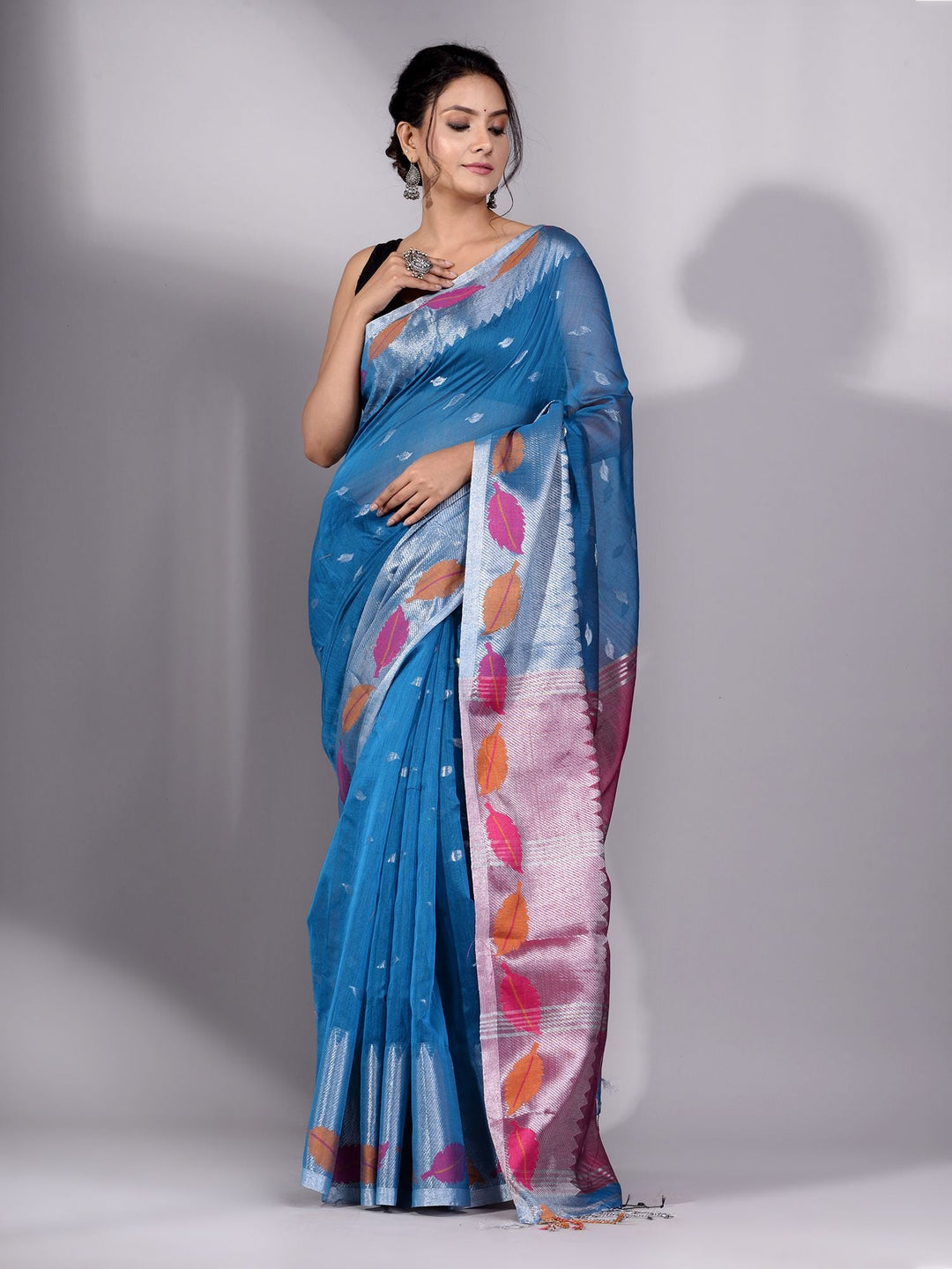 CHARUKRITI Blue Cotton Soft Handwoven Saree with Zari Without Blouse