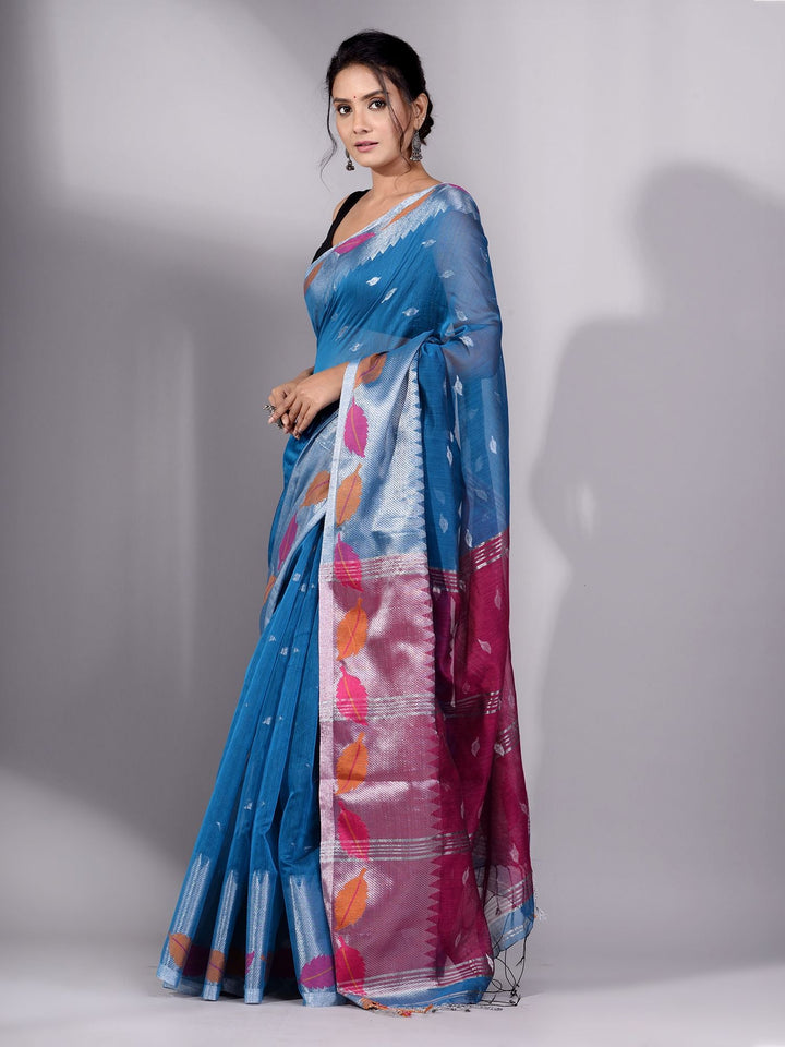 CHARUKRITI Blue Cotton Soft Handwoven Saree with Zari Without Blouse