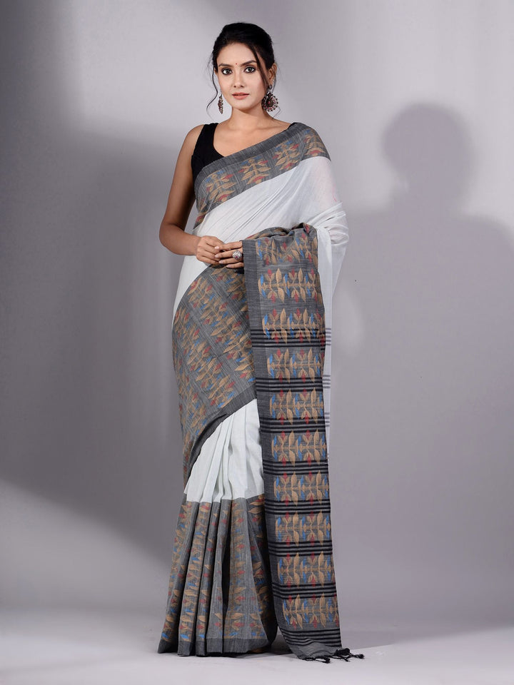 CHARUKRITI Off-White Cotton Handspun Soft Saree with Floral Weaving Without Blouse