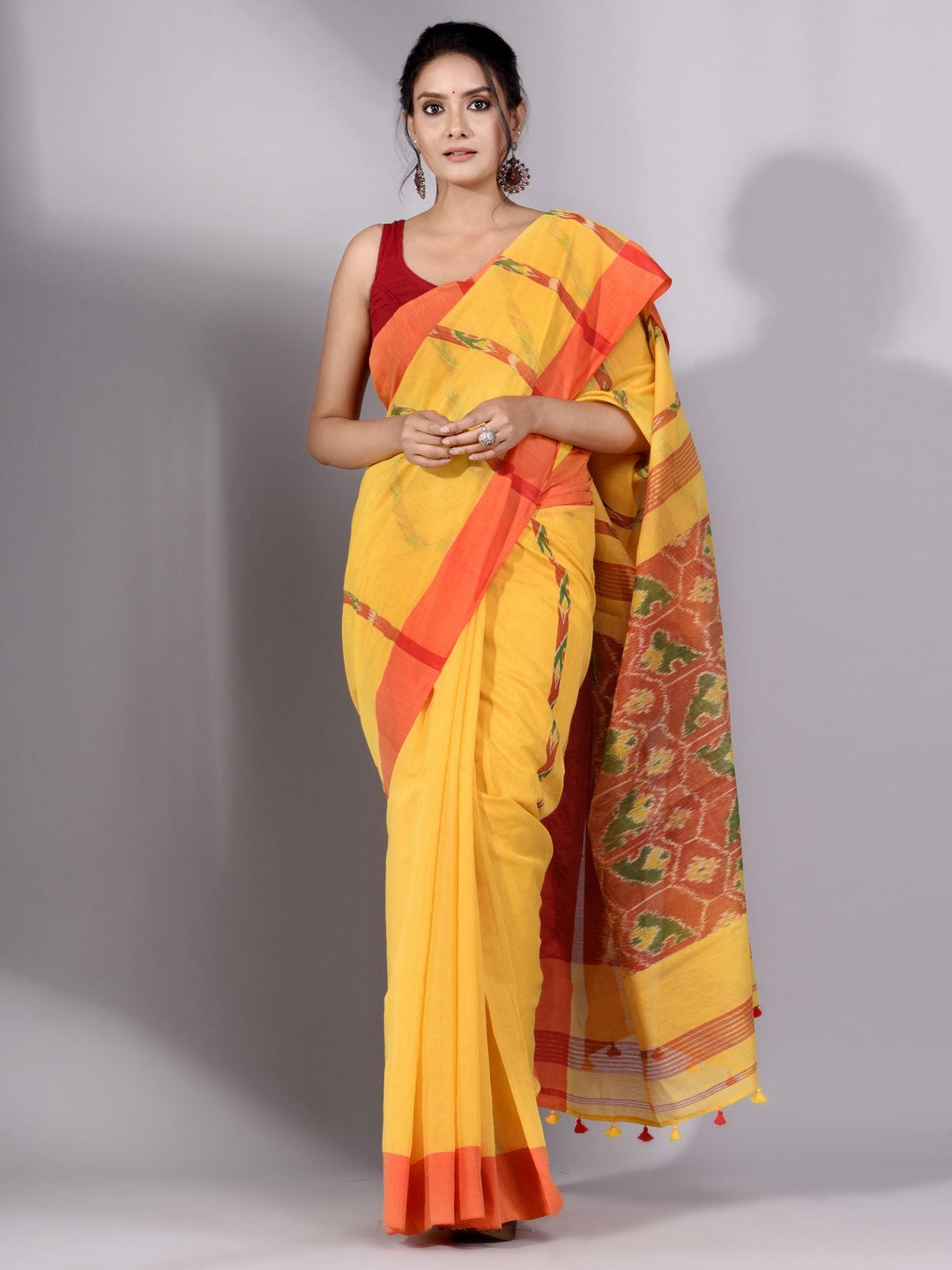 CHARUKRITI Yellow Tissue Handwoven Saree with Red Border Without Blouse