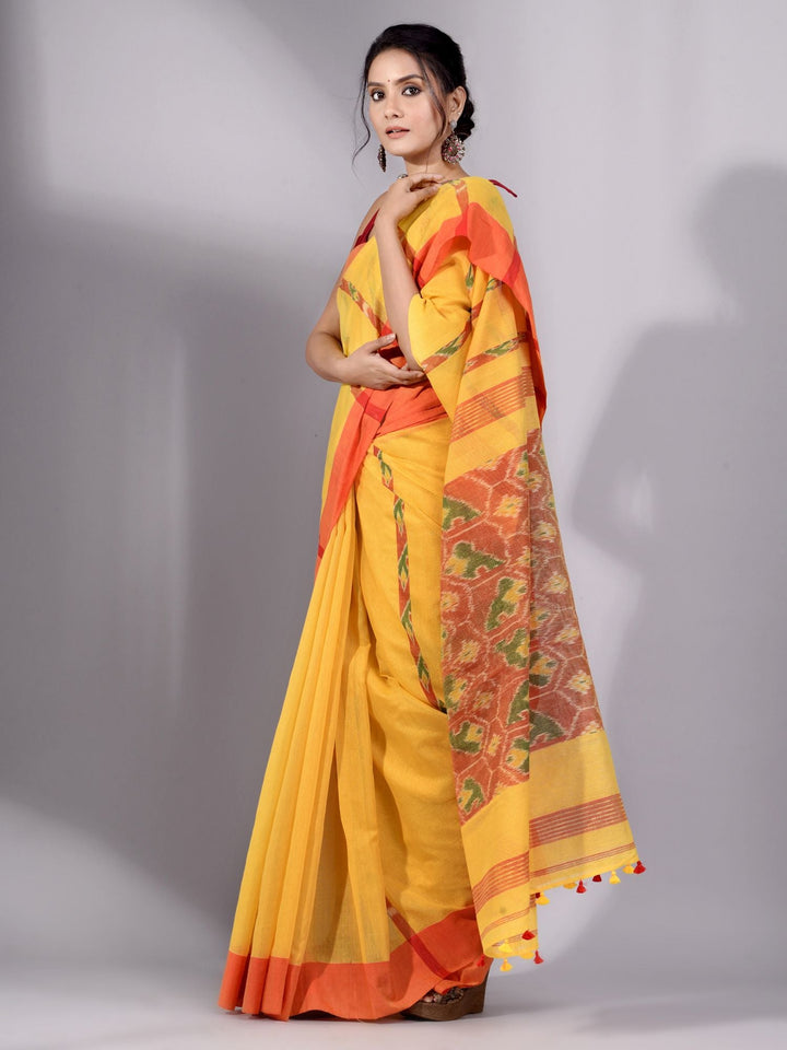 CHARUKRITI Yellow Tissue Handwoven Saree with Red Border Without Blouse