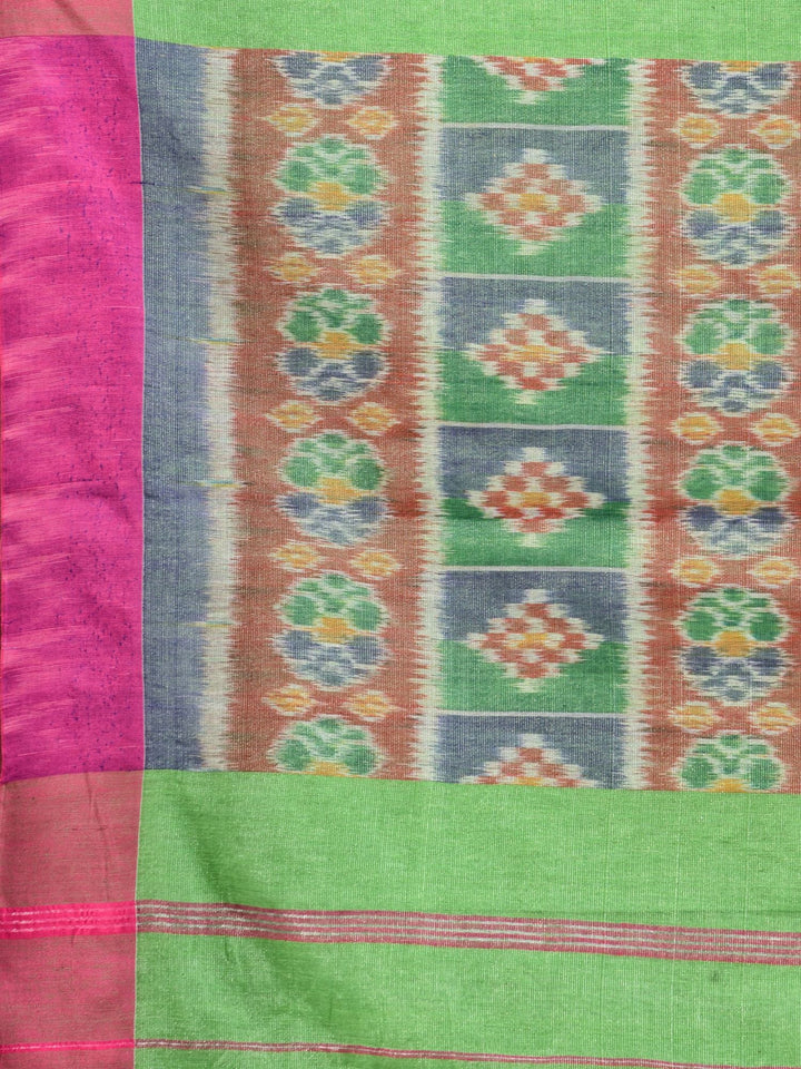 CHARUKRITI Green Tissue Handwoven Saree with Pink Border Without Blouse