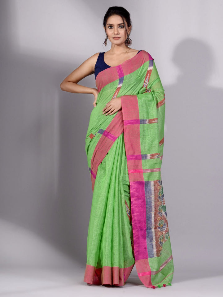 CHARUKRITI Green Tissue Handwoven Saree with Pink Border Without Blouse