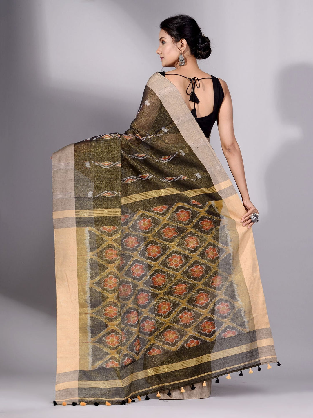 CHARUKRITI Juniper Green Tissue Handwoven Saree with Cream Border Without Blouse