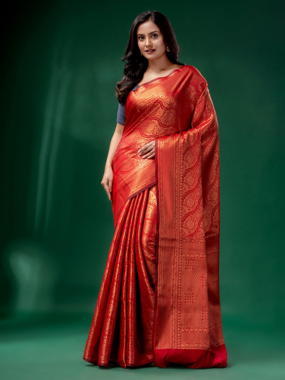 CHARUKRITI Red Blended Silk Brocade Handwoven Soft Saree with Unstitched Blouse