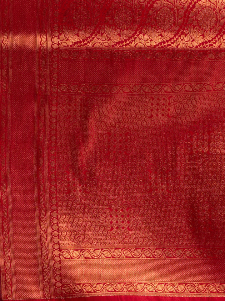 CHARUKRITI Red Blended Silk Brocade Handwoven Soft Saree with Unstitched Blouse