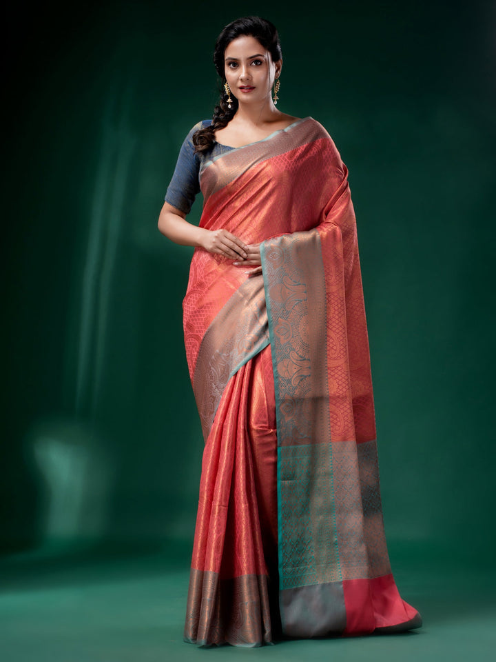 CHARUKRITI Peach Blended Silk Brocade Handwoven Soft Saree with Unstitched Blouse