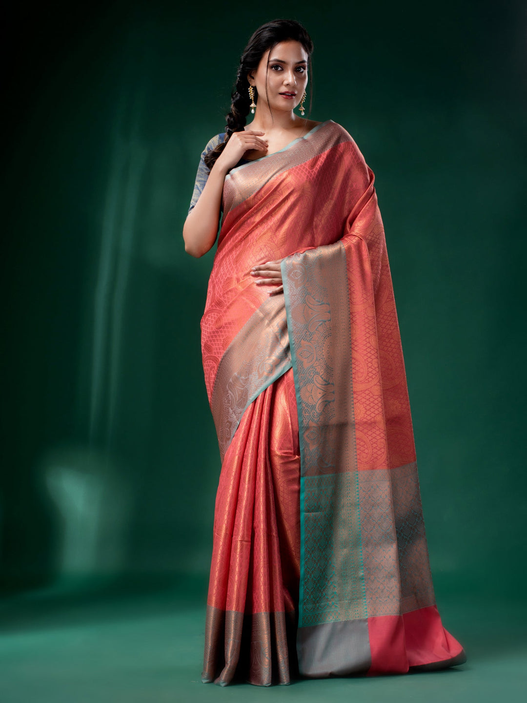 CHARUKRITI Peach Blended Silk Brocade Handwoven Soft Saree with Unstitched Blouse