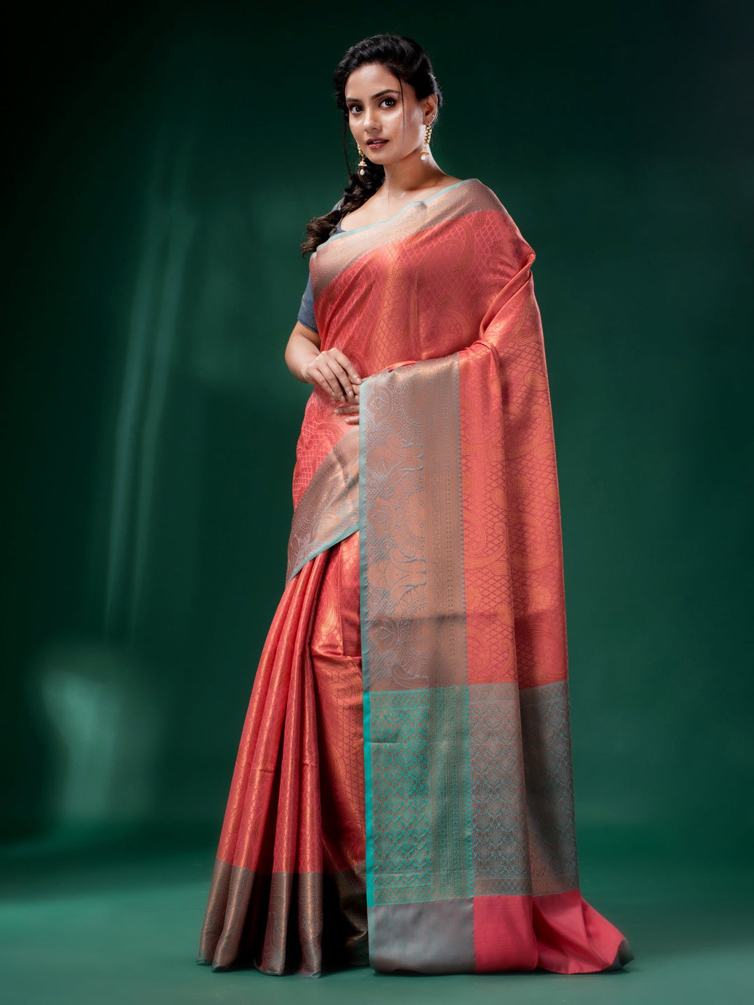 CHARUKRITI Peach Blended Silk Brocade Handwoven Soft Saree with Unstitched Blouse