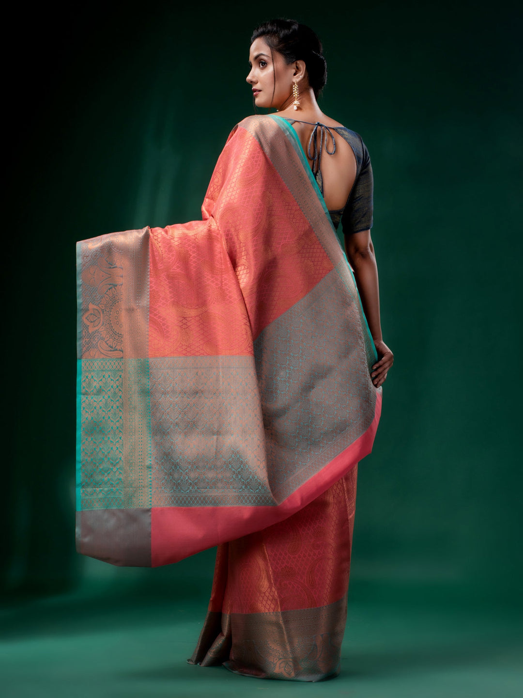 CHARUKRITI Peach Blended Silk Brocade Handwoven Soft Saree with Unstitched Blouse