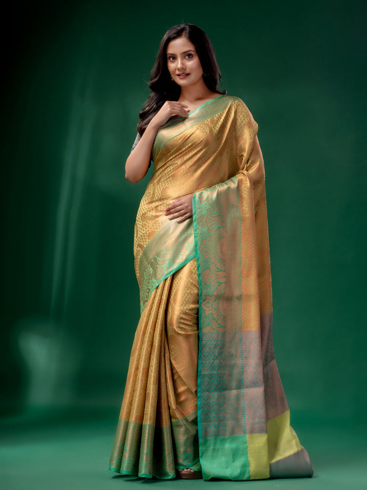 CHARUKRITI Yellow & Copper Blended Silk Brocade Handwoven Soft Saree with Unstitched Blouse