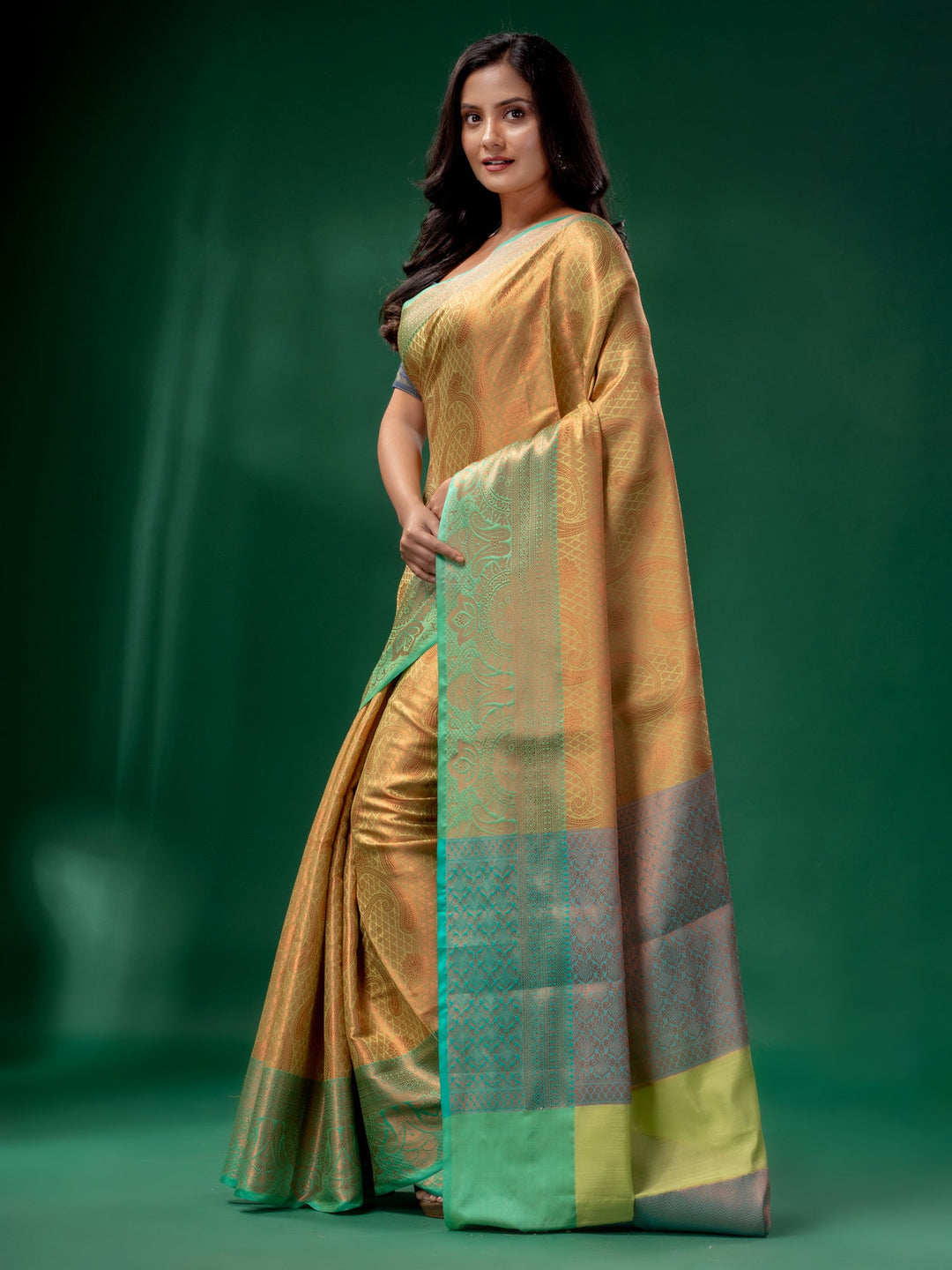 CHARUKRITI Yellow & Copper Blended Silk Brocade Handwoven Soft Saree with Unstitched Blouse