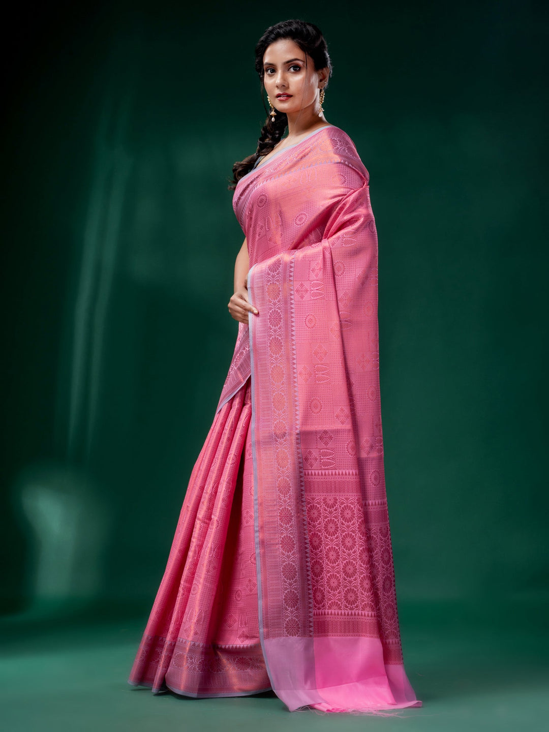 CHARUKRITI Rouge Pink Blended Silk Brocade Handwoven Soft Saree with Unstitched Blouse