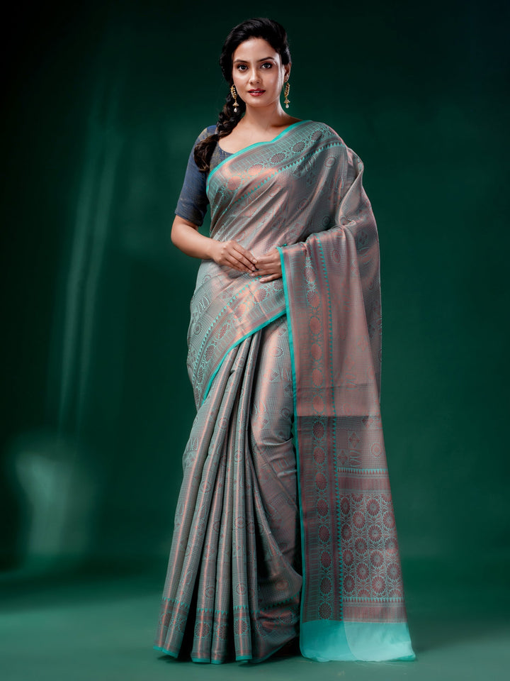 CHARUKRITI Blue Blended Silk Brocade Handwoven Soft Saree with Unstitched Blouse