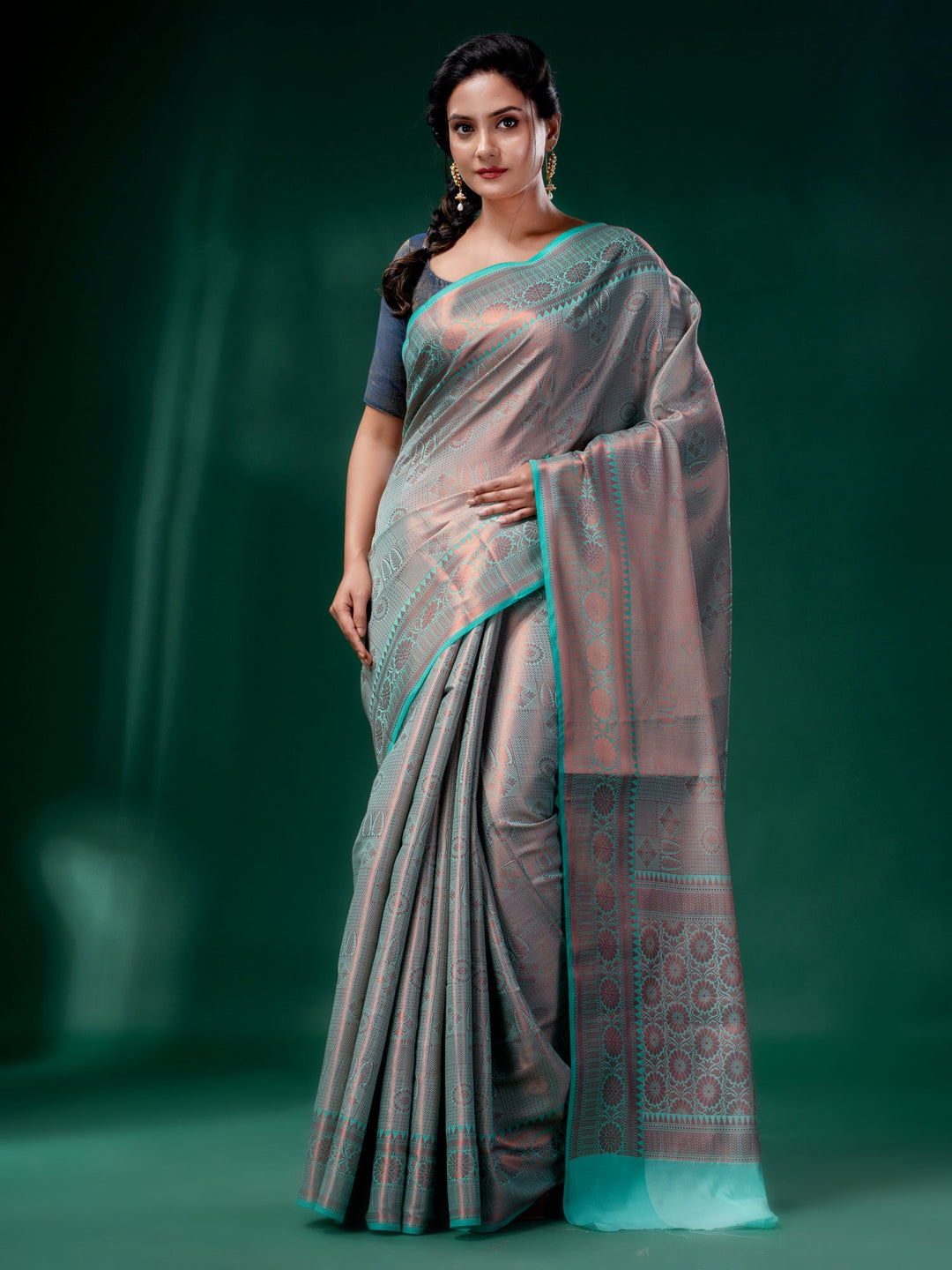 CHARUKRITI Blue Blended Silk Brocade Handwoven Soft Saree with Unstitched Blouse