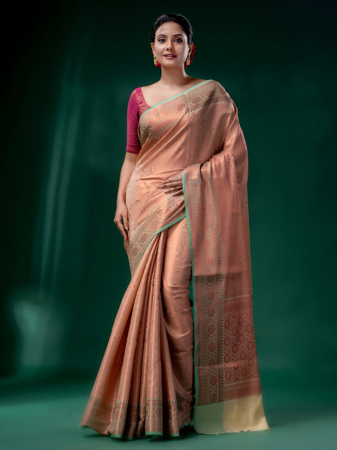 CHARUKRITI Beige & Pink Blended Silk Brocade Handwoven Soft Saree with Unstitched Blouse