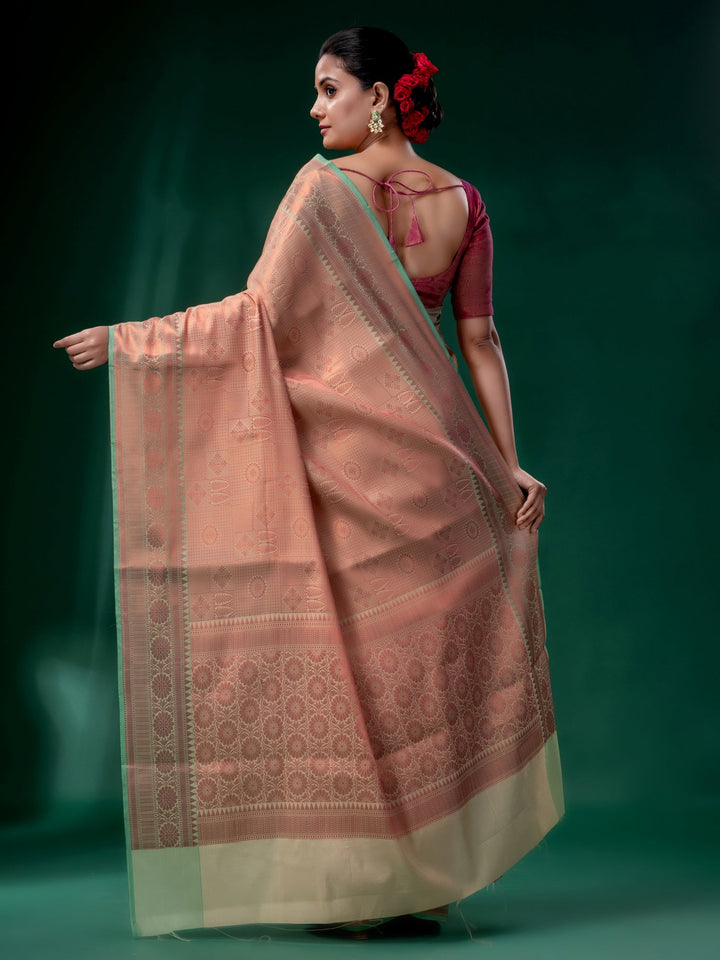 CHARUKRITI Beige & Pink Blended Silk Brocade Handwoven Soft Saree with Unstitched Blouse