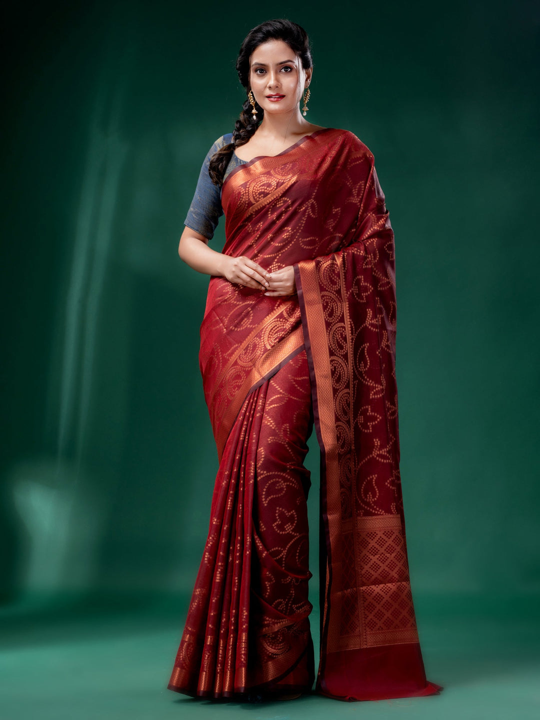 CHARUKRITI Dark Red Cotton Silk Saree with Woven Design with Unstitched Blouse