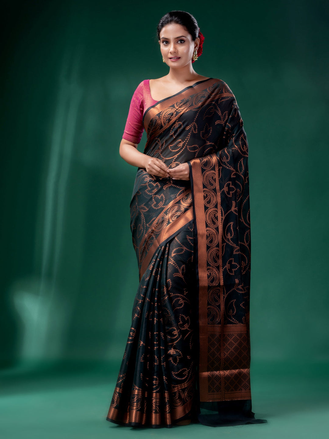 CHARUKRITI Bottle Green Cotton Silk Saree with Woven Design with Unstitched Blouse