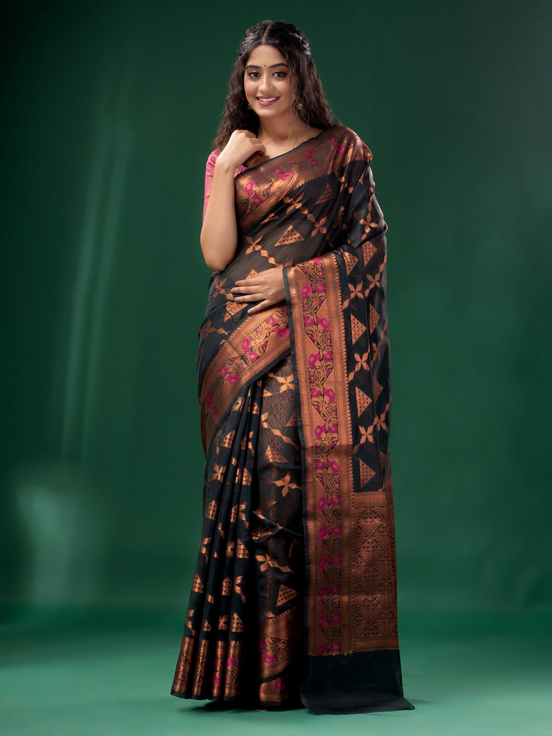 CHARUKRITI Black Cotton Silk Saree with Woven Design with Unstitched Blouse